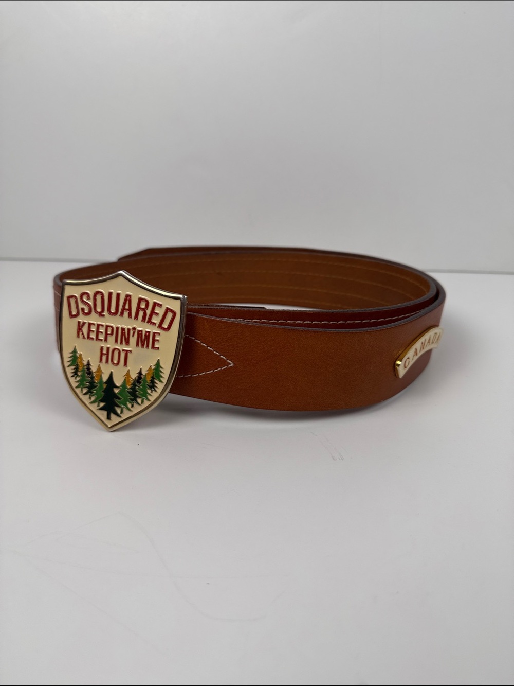 DSQUARED2 Brown Leather Belt with Cream and Red Enamel Shield Buckle